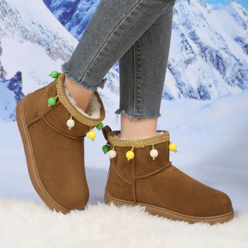 

Colored Ball Tassel Suede Snow Boots Women 2025 Winter Comfort Platform Warm Plush Ankle Boots Woman's Thick Bottom Botas Shoes