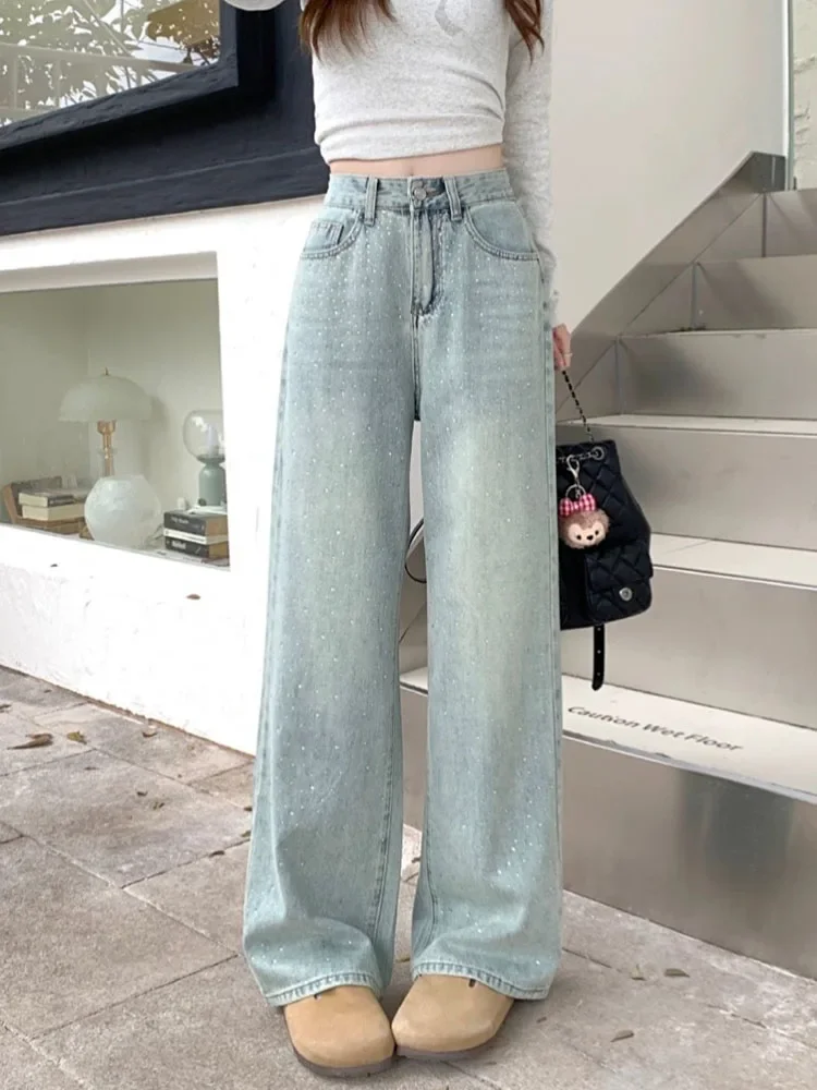 

Retro High Waist Slim Women Jeans Light Blue New Casual Straight Leg Pants Female Chic Fashion Street Simple Basic Woman Jeans