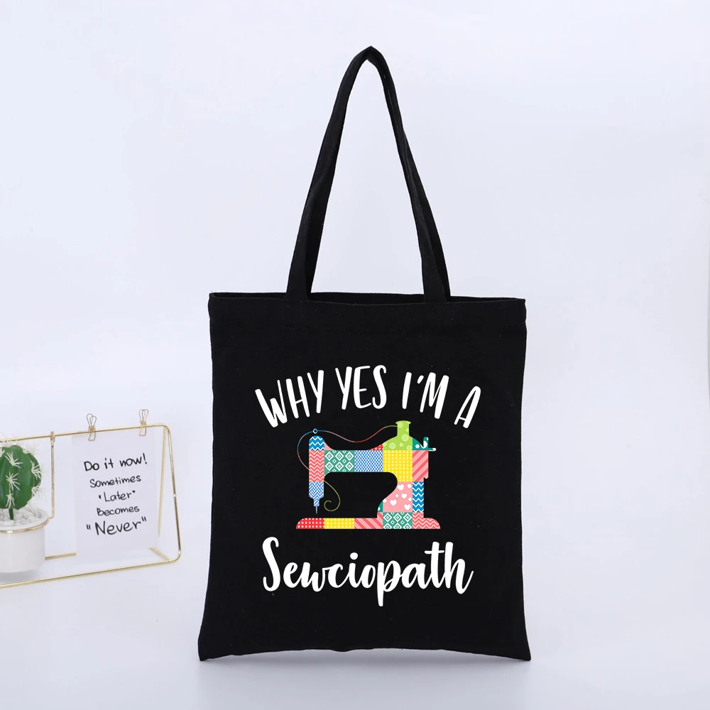 Sewing Enthusiast's Black Canvas Tote Bag with Sewing Machine and Slogan Print, Casual Style for Daily Craft Shopping