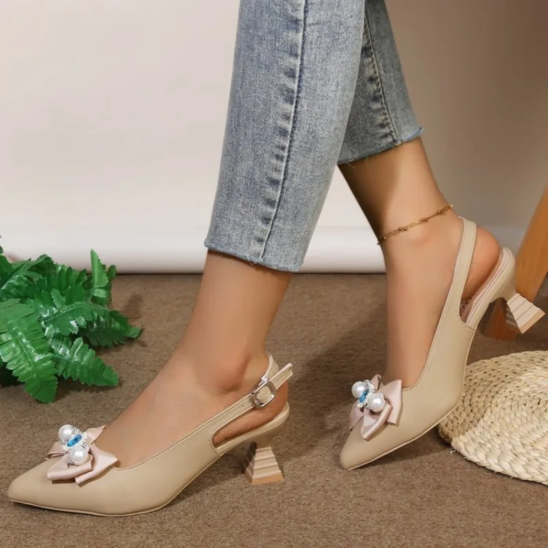 Spring and summer pointed  pearl rhinestone buckle wedding shoes thin high heel small-sized banquet women's sandals