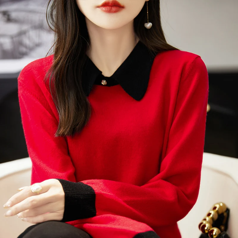 Women 100% Merino Wool Knit Pullovers 2022 Autumn Winter POLO Collar Sweater Female Loose Warm Soft Shirt Long Sleeve Jumper