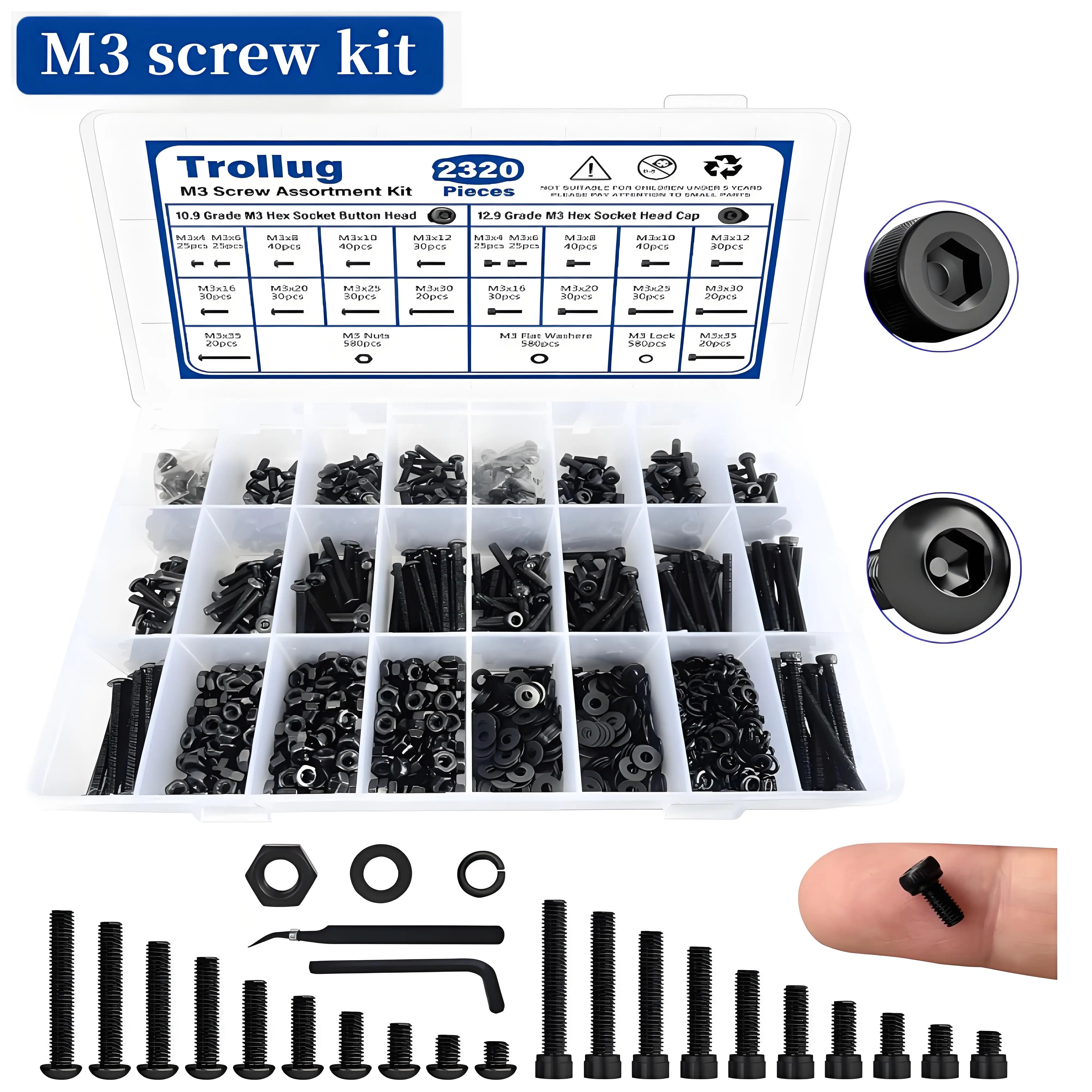 

2320Pcs M3 Screw Kit Rust Proof Metric Screw Assortment Kit 12.9 and 10.9 Grade Alloy Steel Black Bolts and Nuts for 3D Printing
