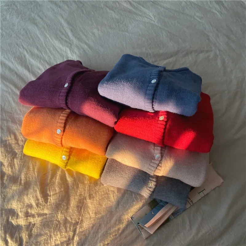 Autumn and Winter Korean cardigan O Neck Solid Color Long-Sleeve Cardigan Sweater Short Loose Full Sweater Knitted Jacket Women