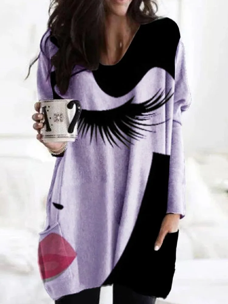 

New Autumn Winter Fashion Women's Loose Elongated Sexy V-neck Printed Irregular Hem With Pockets Long Sleeved Top