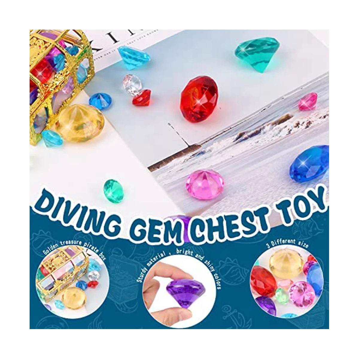 Diving Gem Pool Toys Colorful Diamond Gem with Treasure Pirate Chest Box Summer Underwater Gemstones Set