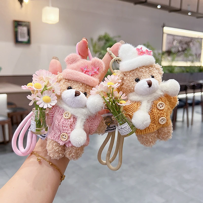 Plush teddy bear keychain hanging decoration, fashionable holding vase, cartoon bag decoration pendant, couple style keychain, c