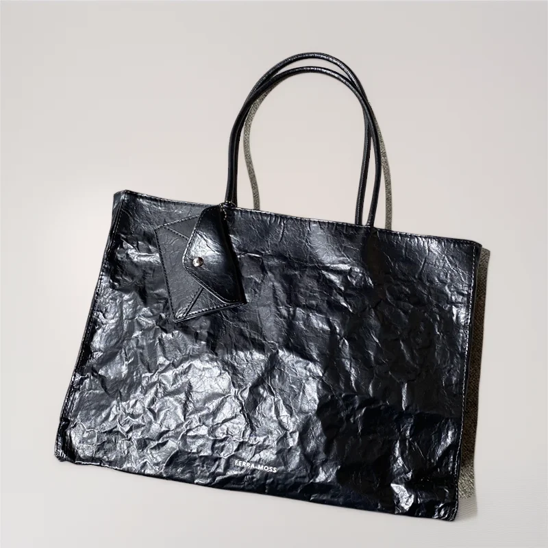 

Korean Casual Kraft Paper Tote Bag for Women Luxury Designer Handbag Purse 2025 New Wrinkle Top Handle Underarm Shoulder Bag