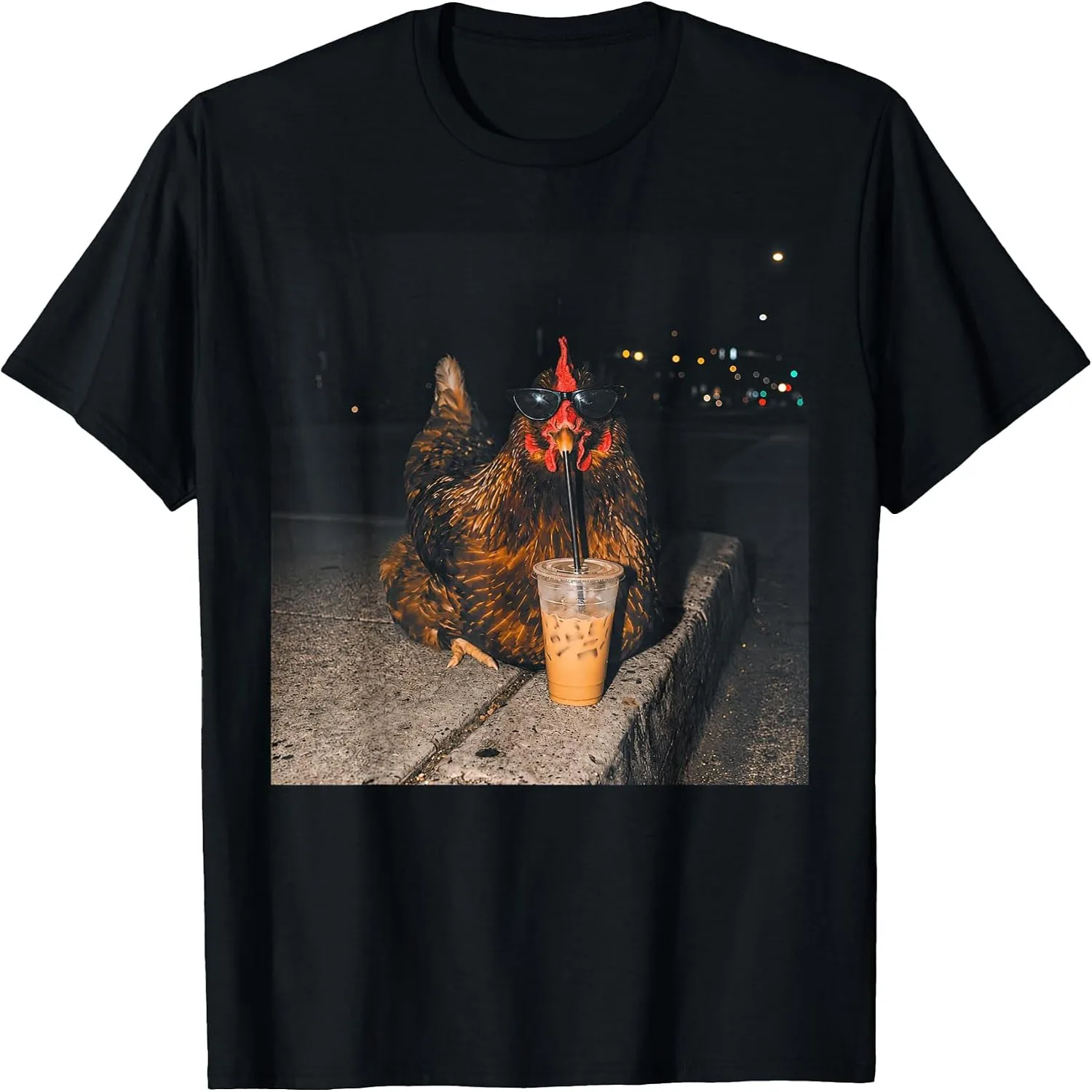 Chicken Drinking Iced Coffee Funny Hen Rooster Chicken Lover T-Shirt