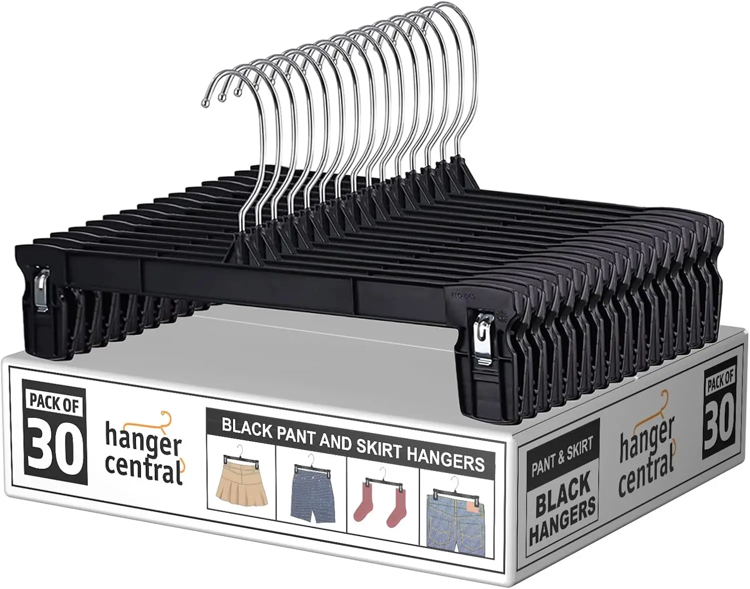 

30 Pack Pants Hangers Slim Plastic Clothes Hangers with Clips for Skirts, Shorts & Trousers – Non Slip Grip, Heavy Duty Space Saver with Swivel Hook – Black Closet Organizer - 12 Inch