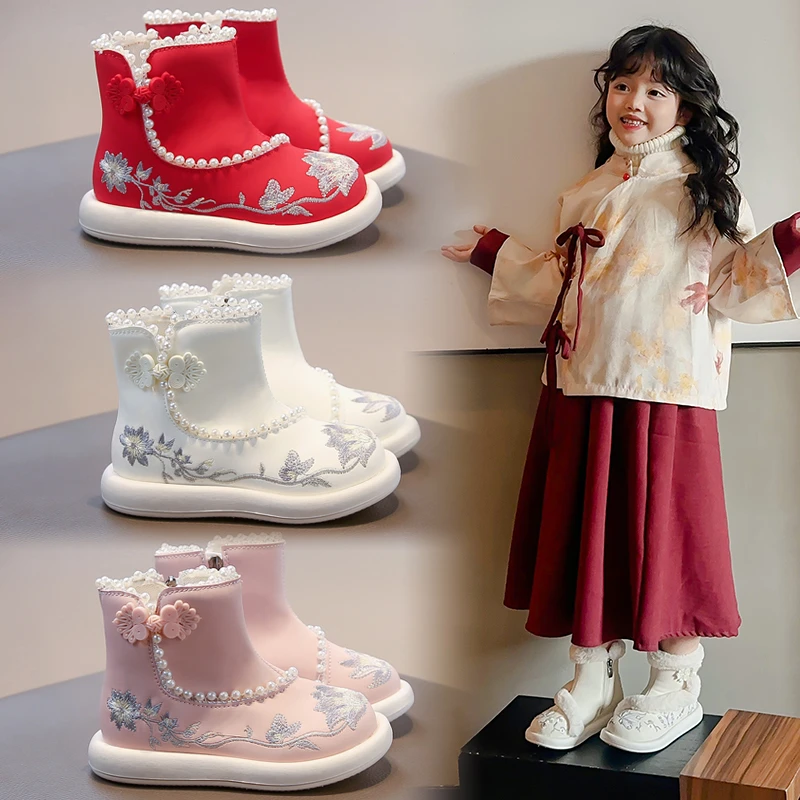 

Детские ботинки принцессы Hanfu в китайском стиле, короткие сапоги для девочек, милые детские ботильоны с бисером, осень-зима 202, мягкие мягкие ботильоны с вышивкой