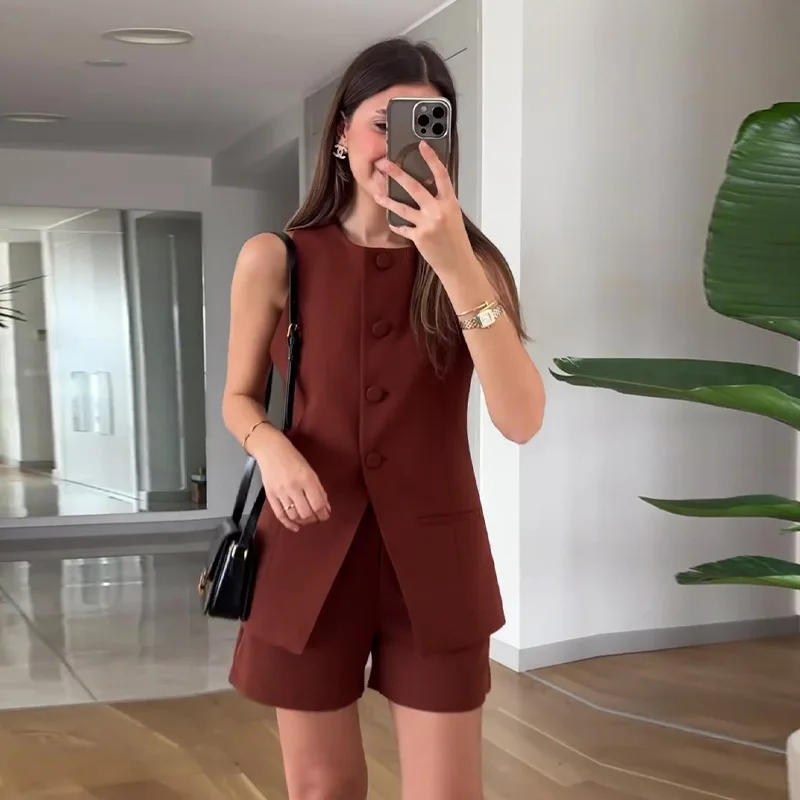 

Женские короткие комплекты, однотонный однобортный жилет, свободные шорты на молнии с высокой талией, повседневные шорты на осень 2024, легкие эластичные карманы