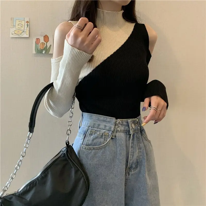 Fashion Stand Collar Spliced Off Shoulder Blouses Women\'s Clothing 2023 Autumn Winter Slim Korean Pullovers Office Lady Shirts