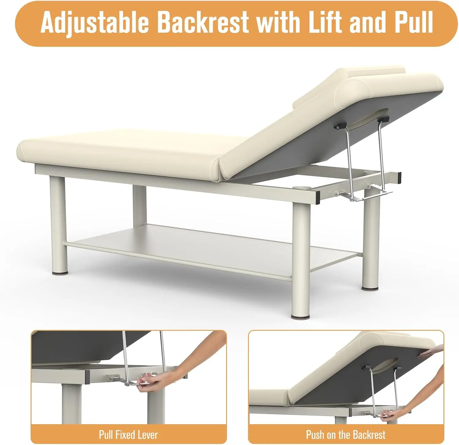 Heavy Duty Durable Wide Stationary Massage Bed with Backrest, Professional Spa Facial Treatment Table, Metal Frame PU Leather