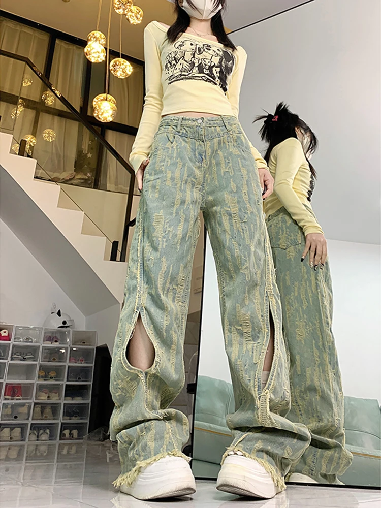 

WCFCX STUDIO Korean Y2k Streetwear Retro Hole Jeans Designed Harajuku Wide Leg Loose Women'S Pants Do Old Denim Trousers