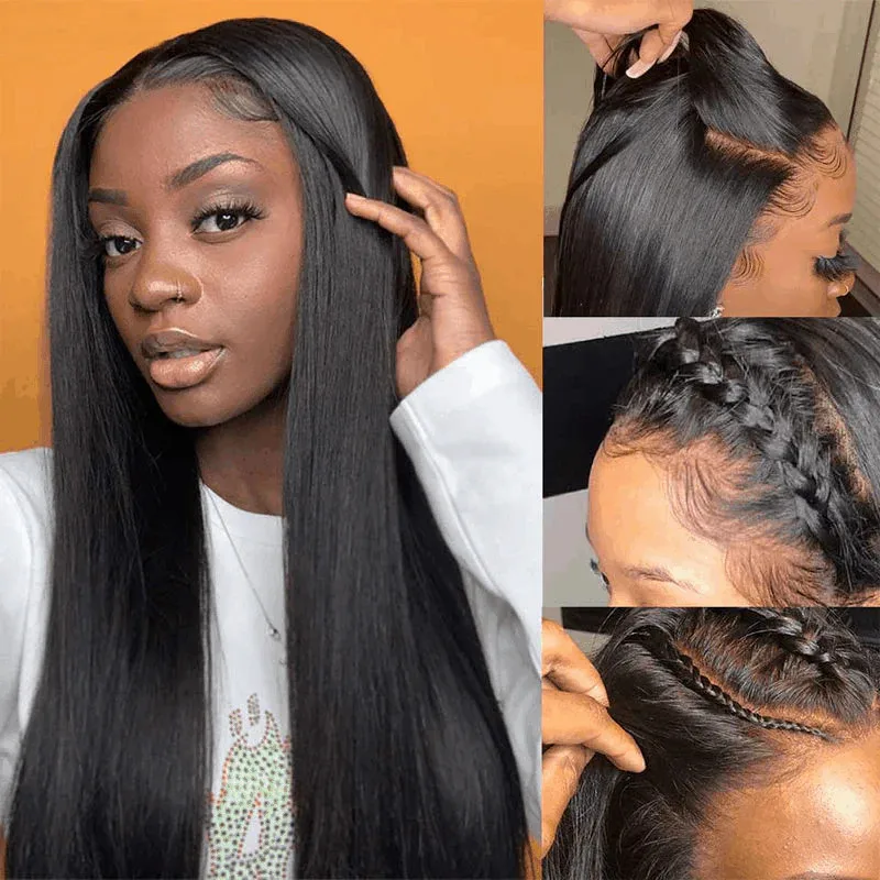 Straight Frontal 4x4 Lace Brazilian Human Hair Bundles With Closure Natural Black Extensions 26 28 30 Inch 3 Bundles Human Hair