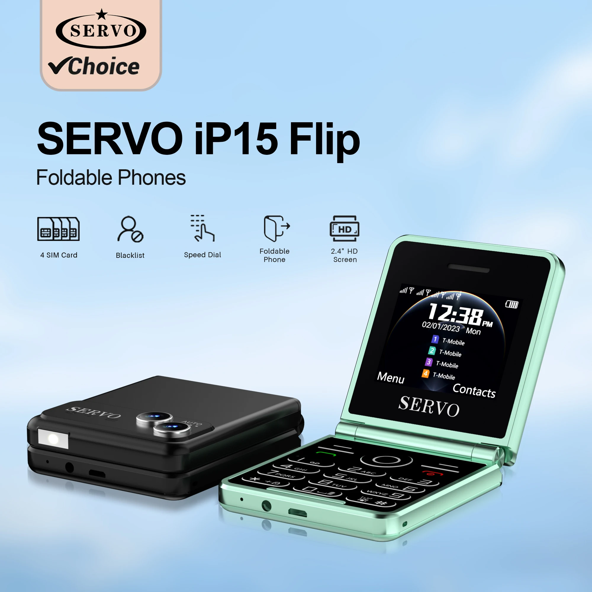 SERVO iP15 Flip 4 SIM Card Flip Mobile Phone Auto Call Record Speed Dial Magic Voice Blacklist Radio Type-C Foldable Cellphone