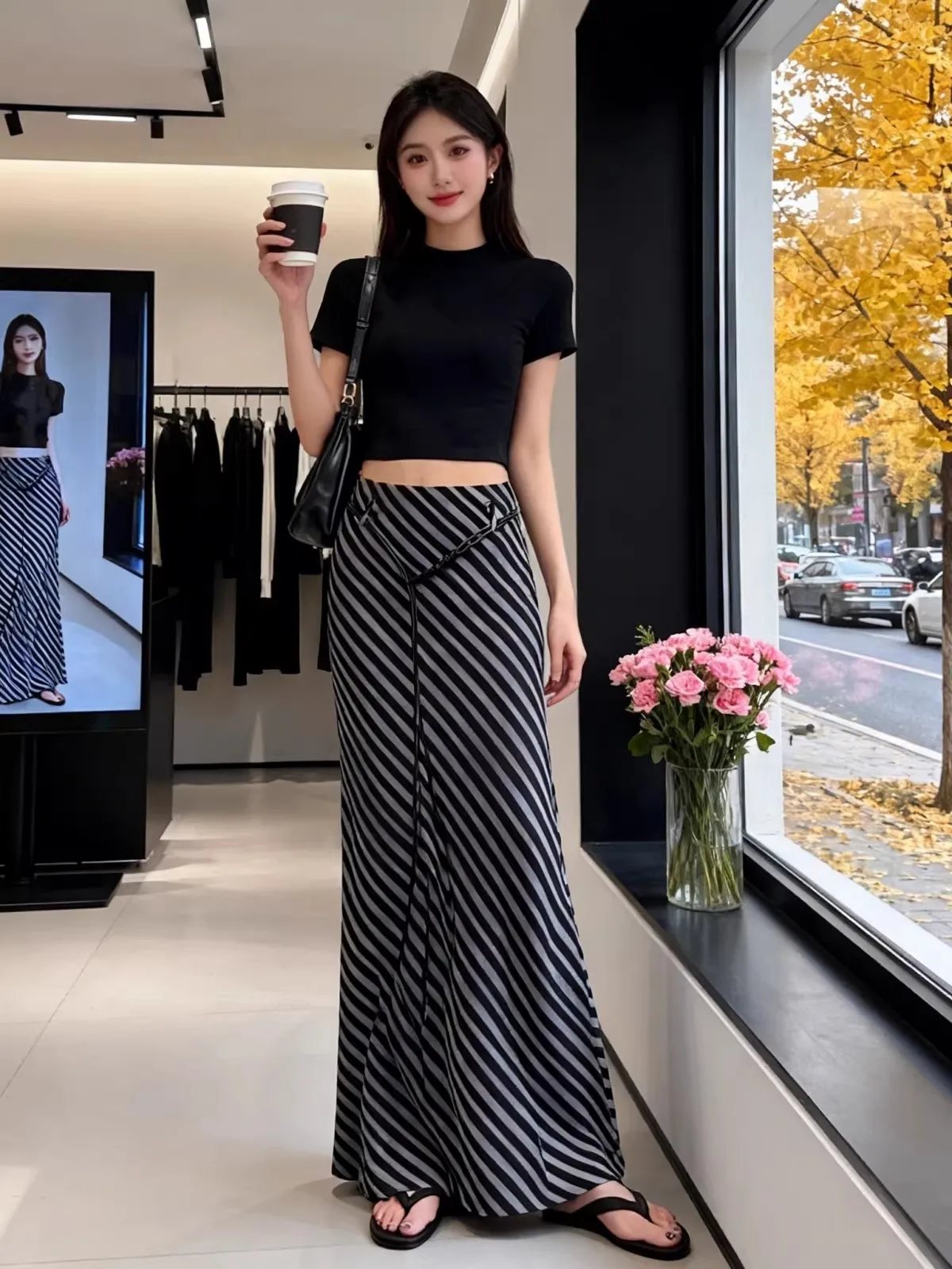 

Summer Cuban Vacation Style Retro Stripes Slim Straight Skirt High Waist Design Sensation Small Design Half-length Skirts