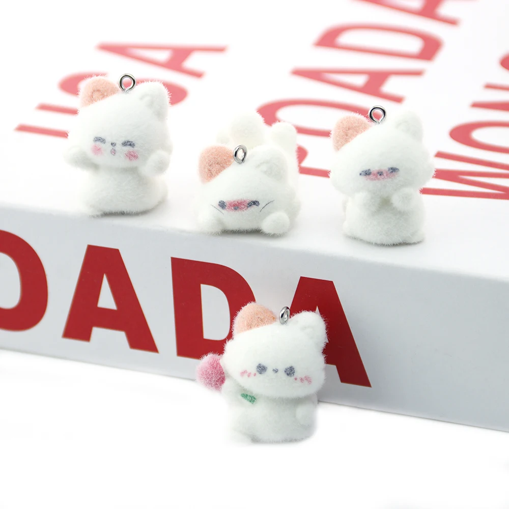 20pcs 3D Flocking Resin Cat Charms Animals Plush Dolls Pendants for Necklace Earrings DIY Making Jewelry Accessories Wholesale