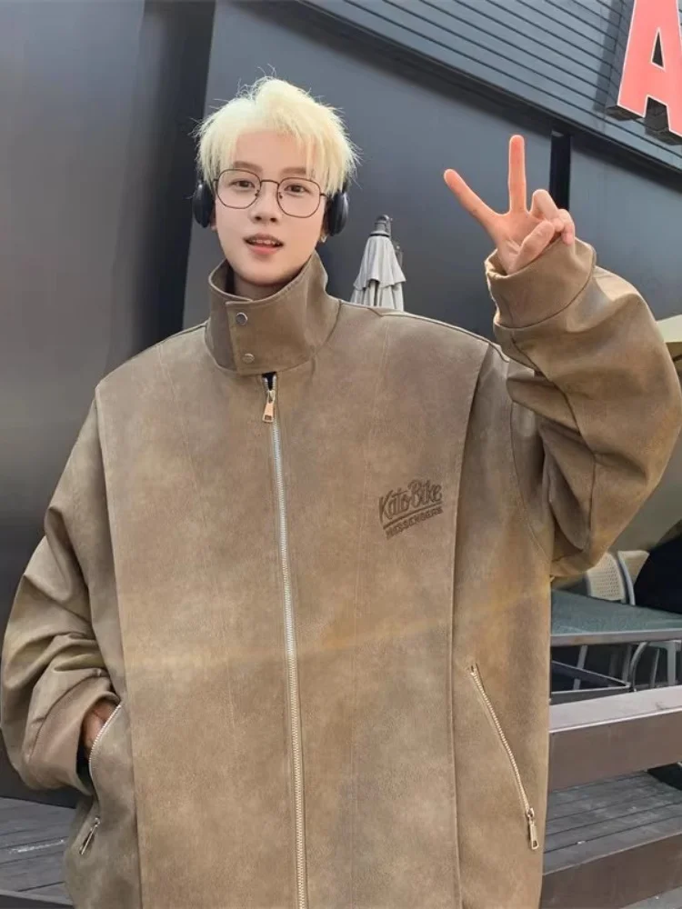 

Retro American Letter Embroidery PU Leather Jaet Men's Spring Autumn Sle Motorcycle Jaet Casual Loose Fit Long Sve