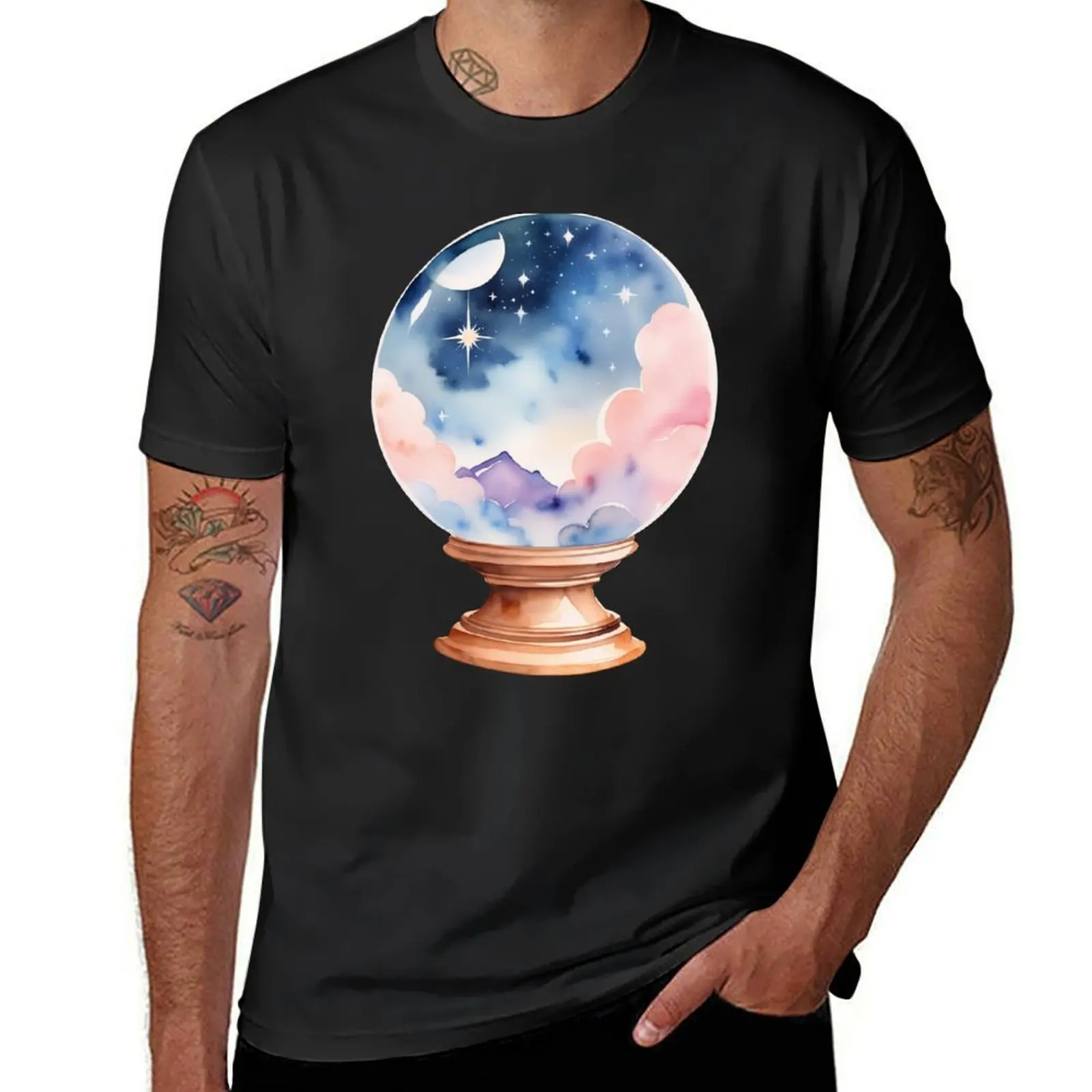 Ethereal Dreamscape: Crystal Ball Watercolor with Moon & Stars T-Shirt vintage plus size tops designer t shirt men