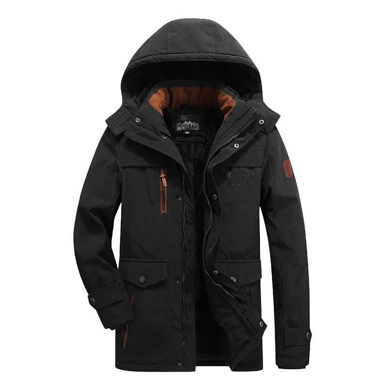 Winter Men Cargo Coat Thicken Warm Letter Printed Mid Length Male Outerwear Vintage Long Sleeve Zipper Outdoor Man Jacket