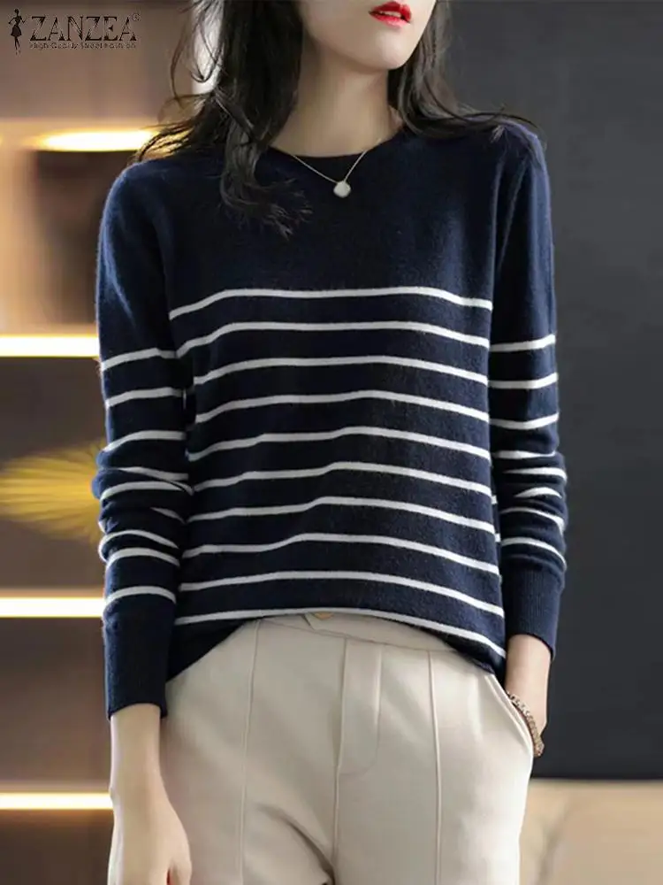 ZANZEA Women Office Striped Knitted Long Sleeve Tunics Fashion 2024 Autumn Round Neck T Shirt Patchwork Blusas Casual Loose Tops