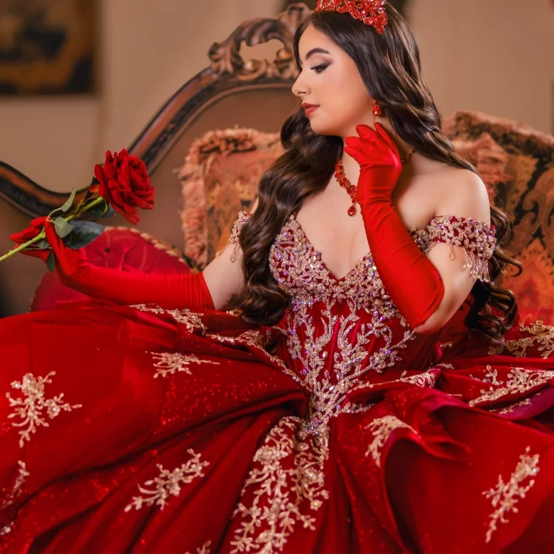

Shiny Red Quinceanera Dress off-shoulder Crystal Sequin Decal Layering Long tail Bow vestidos de 15 Quinceanera ﻿Customize