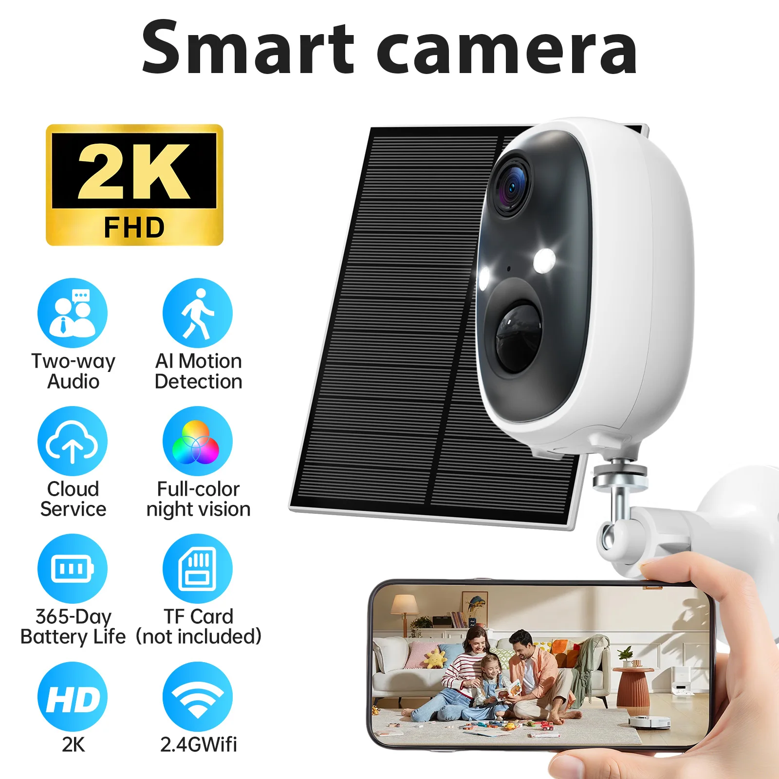

WESECUU Solar Battery Camera 2K 2.4G WiFi Camera Home Protection Security Camera PIR Detection,Free Basic Cloud Storage,5200mAh