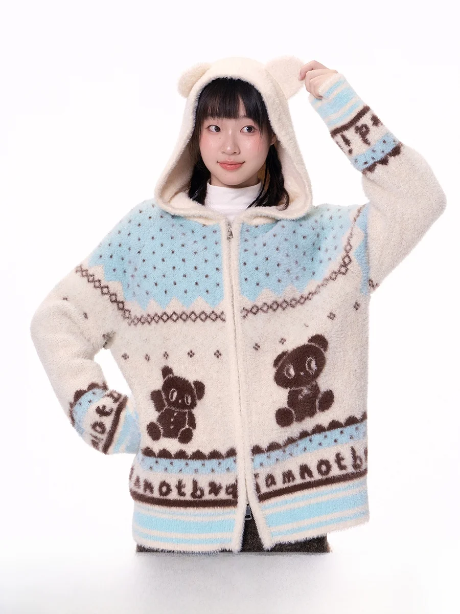 

Открытый кардиган с капюшоном и меховым воротником мятного медведя, свитер, свободный крой, вязаный длинный свеч, застежка-молния, животный узор