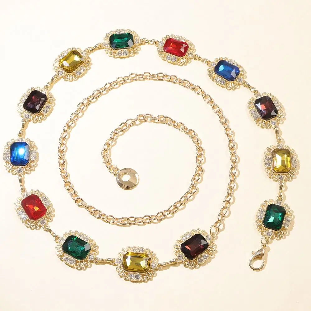

All-match Metal Colorful Crystal Waist Chain Gold Silver Rhinestone Belly Belts Alloy Spice Girl Y2K Waistband Women