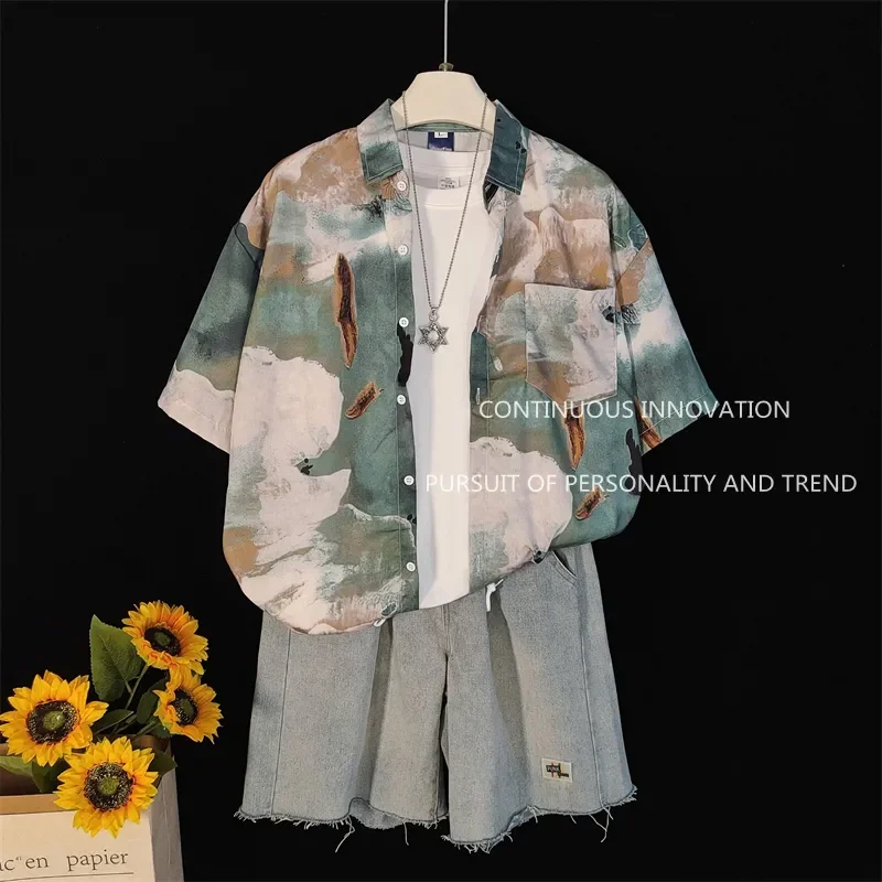 

Men's Retro Harajuku Style Printed Shirt & Denim Shorts 2 Piece Set Summer Casual Streetwear Outfit