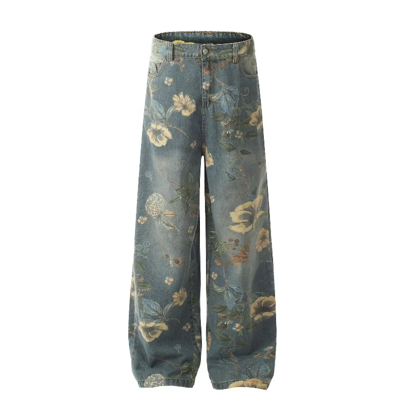 

UNITIM Denim Pant Women Fashion Printed Pocket Lady Straight-leg Pant Loose Mid Waist Comfortable Versatile Female Trousers