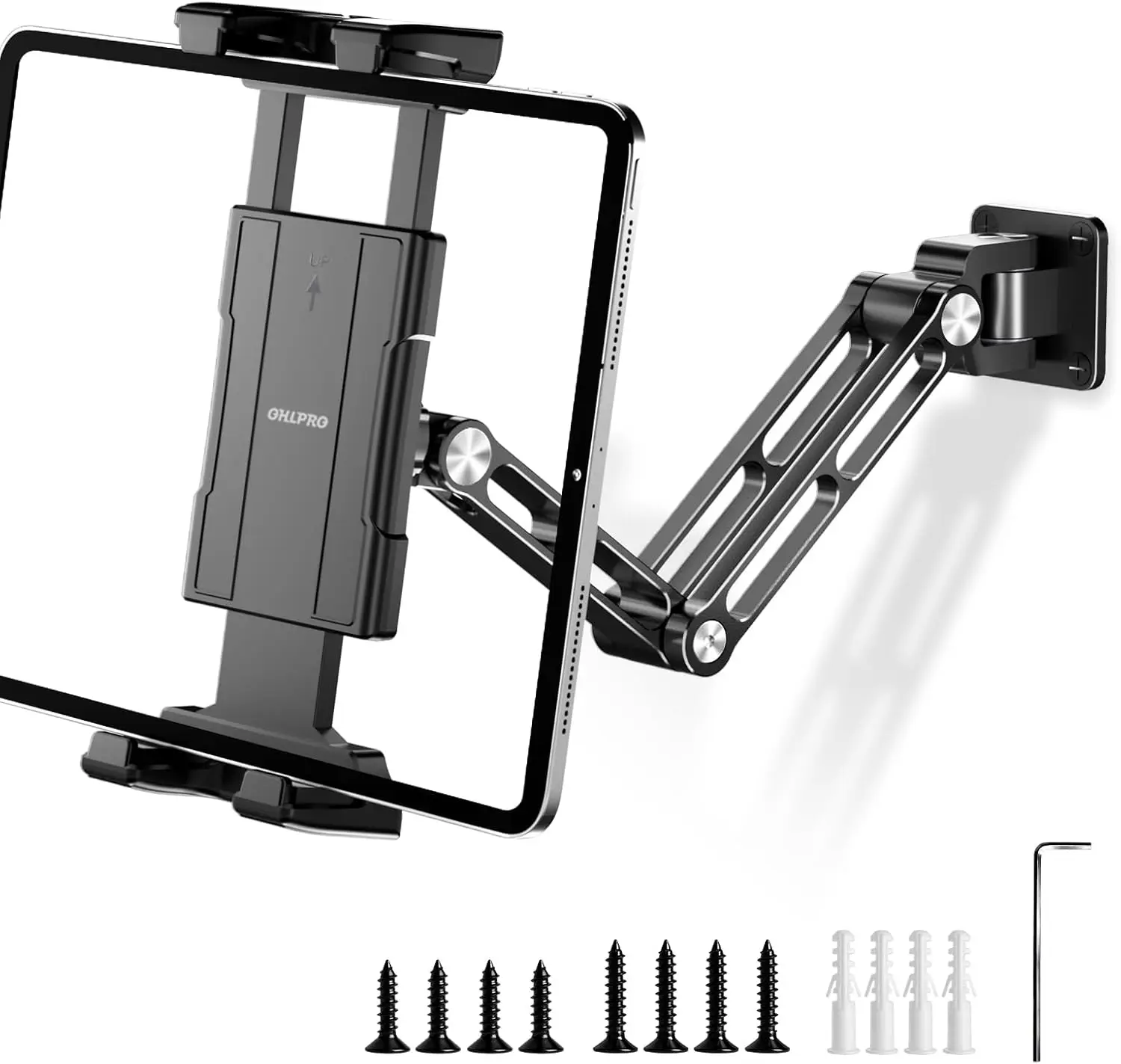 

Foldable Tablet Wall Mount, 360° Rotating Aluminum Arm for 5-13 Inch Devices, Screw Mount for Kitchen, Office, Gym