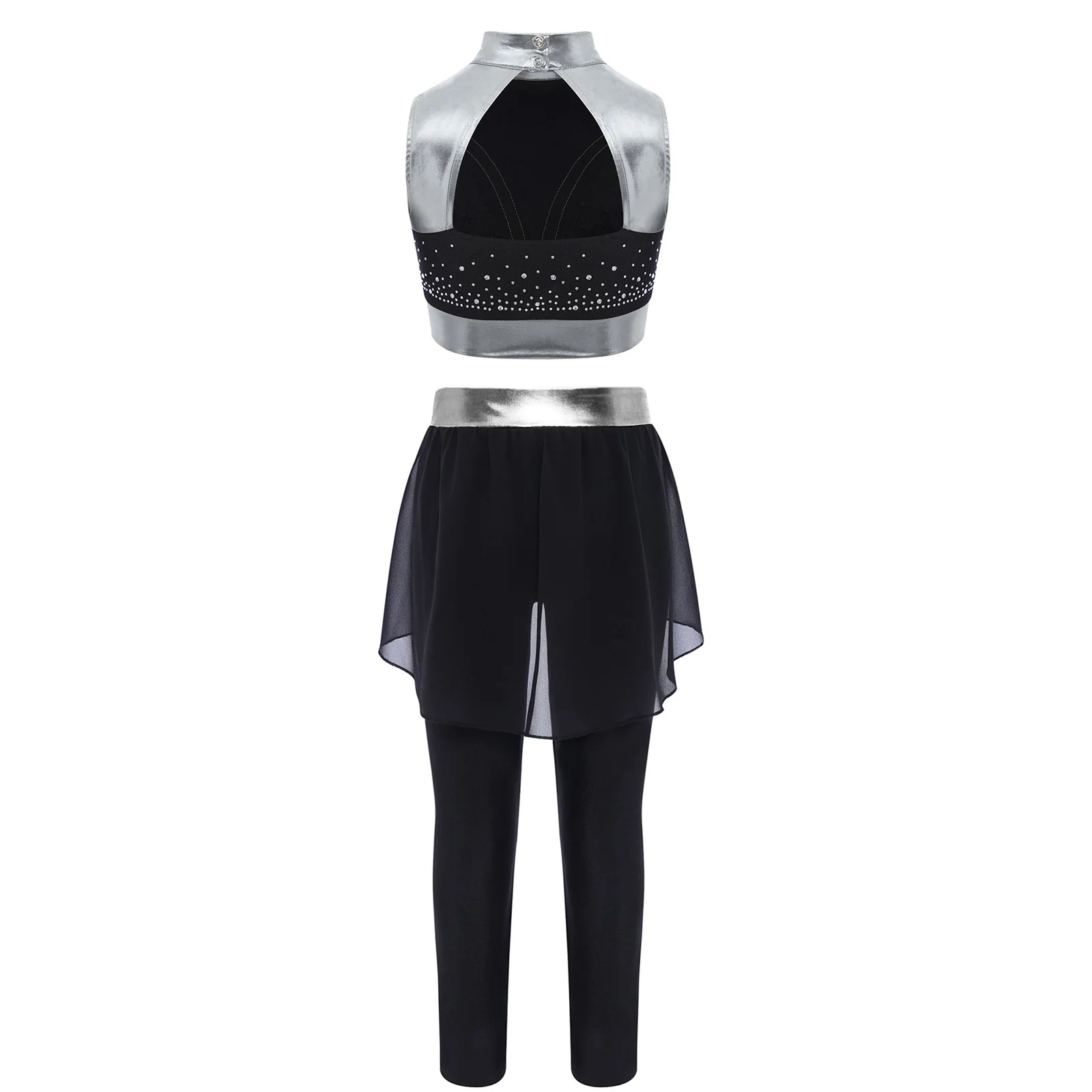 Ensembles de danse de Ballet, Costume de spectacle de patinage artistique pour enfants filles, sans manches, découpe au dos, strass, haut court métallique, pantalon