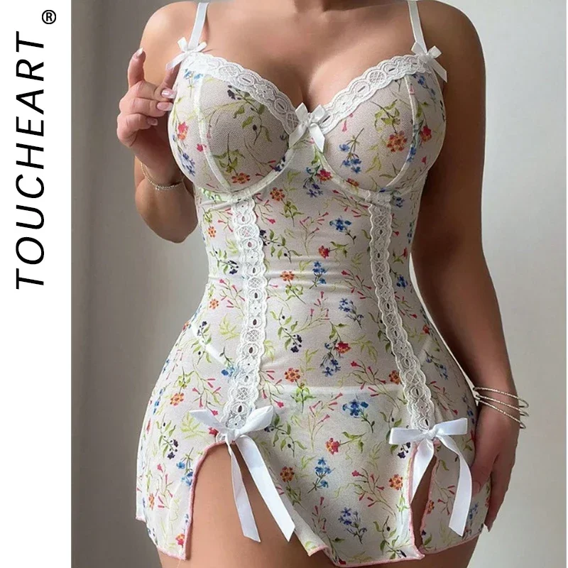 

Toucheart 2 Piece Suit Sexy Lingerie For Women Passion Uniform Temptation Nightgown Thong Lace Bow Knot Lace Up Slit Nightgown