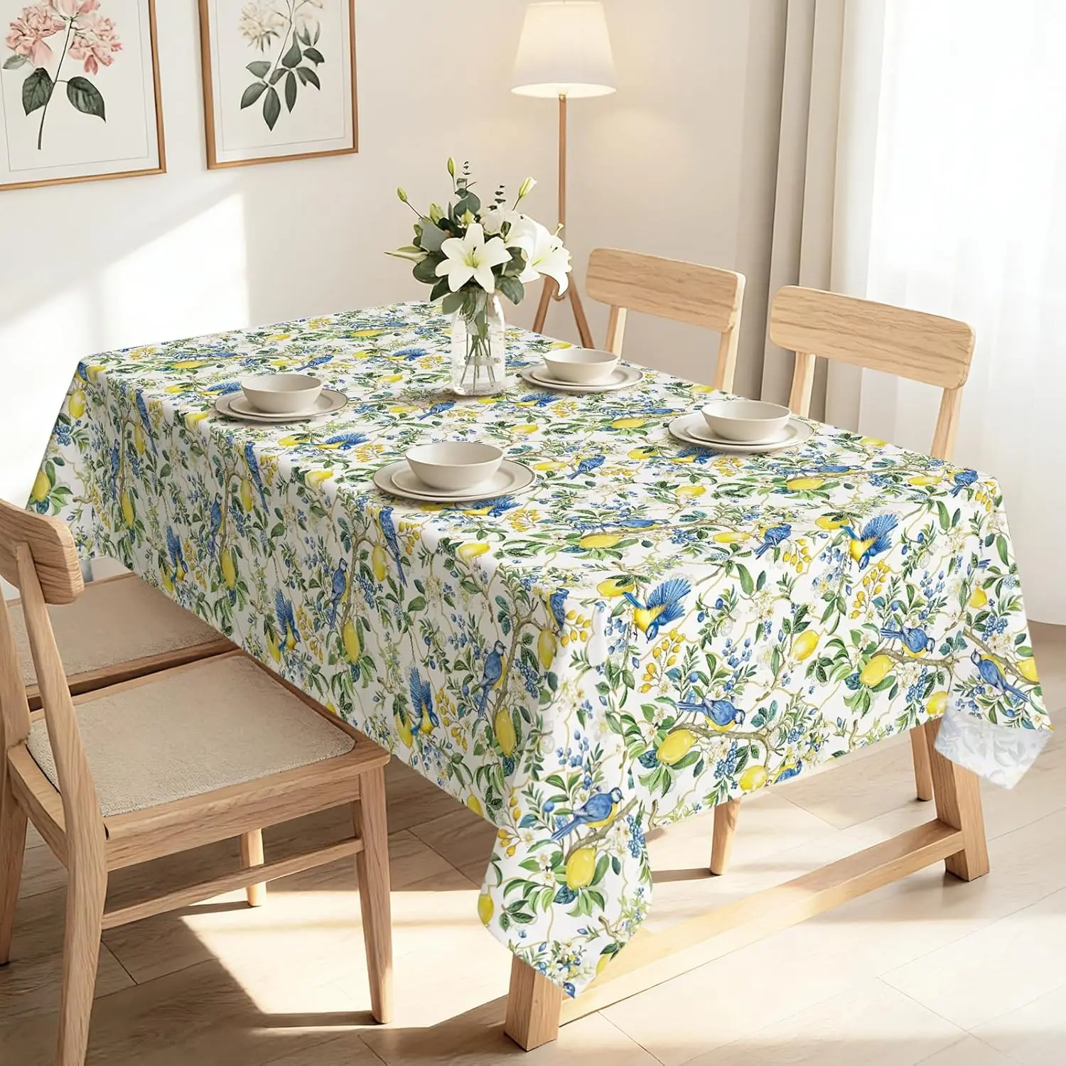 Summer Lemon Blue Floral Birds Rectangle Tablecloth for Table Decor Washable Farmhouse Kitchen Table Cloth Holiday Party Decor