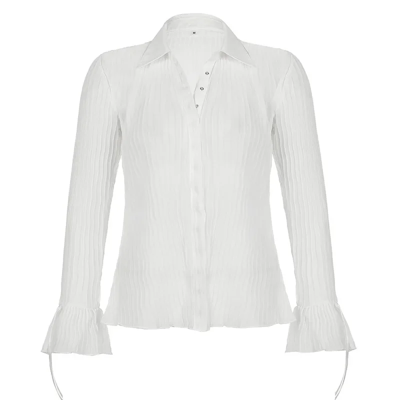 Sexy Blouses Mesh Tops Women Y2K Long Sleeve Shirt Transparent Elegant 2024 Flare Sleeve Streetwear See Through Button White Top