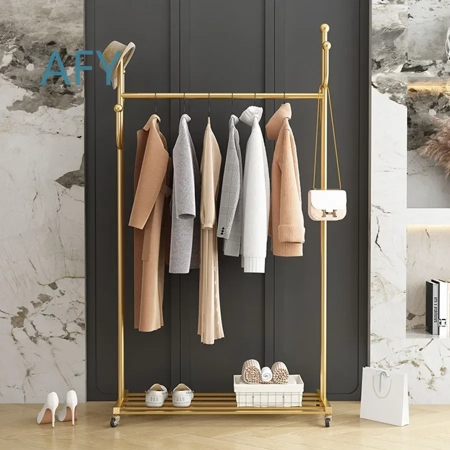 High Quality Moving Cloth Racks for Bedroom Golden Minimalist Stand Small Mobile Wheels Portable Hanger Elegant Crochet