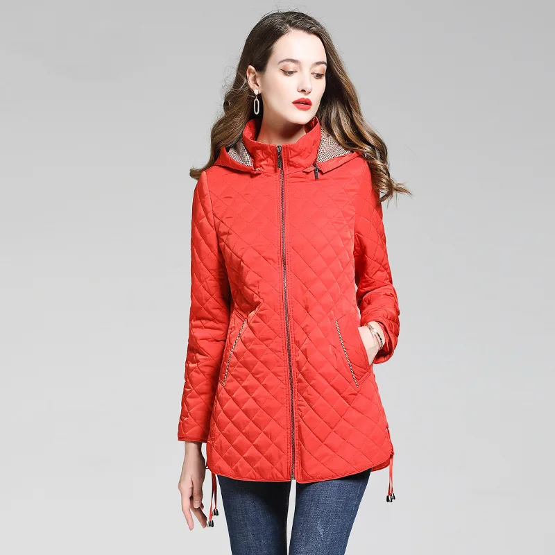 

Женская повседневная удлиненная куртка с капюшоном, утепленная хлопком, с ромбовидным узором, больших размеров, зимняя, новая, для поездок на работу, из полиэстера, на молнии