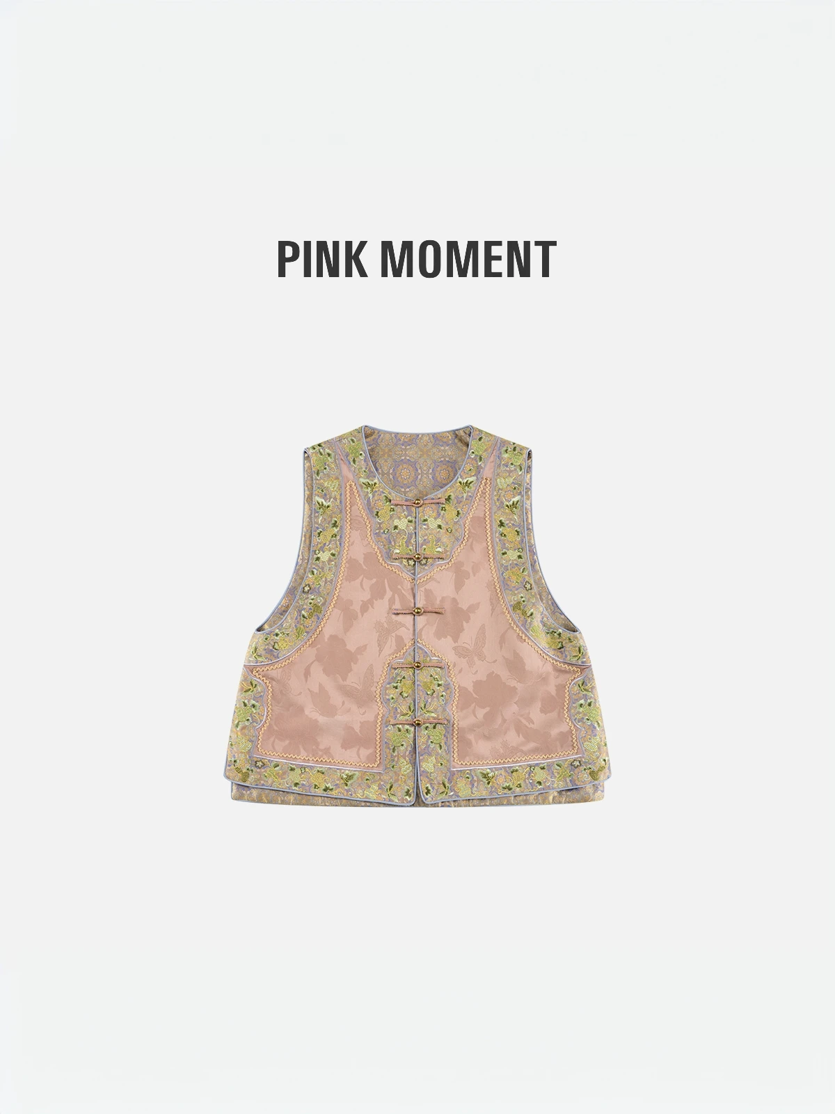 

Pink Spring New Chinese Sle Patchwork Pattern National Sle Button round Ne Single Button Vest Top Outerwear Women's Clo...
