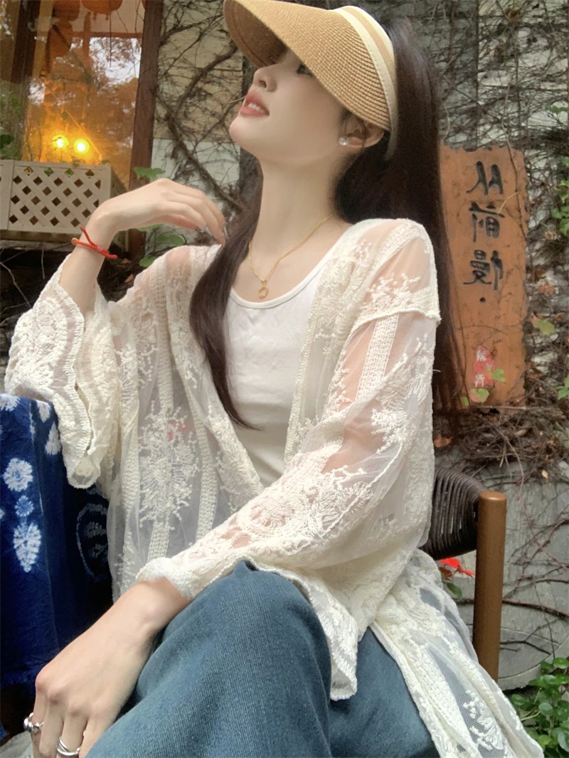 Lace-Up Beige Lace Kimono Cardigan Women Summer Long Sleeve Sheer Embroidery Mesh Thin Coat Holiday Beach Boho Cover-Up