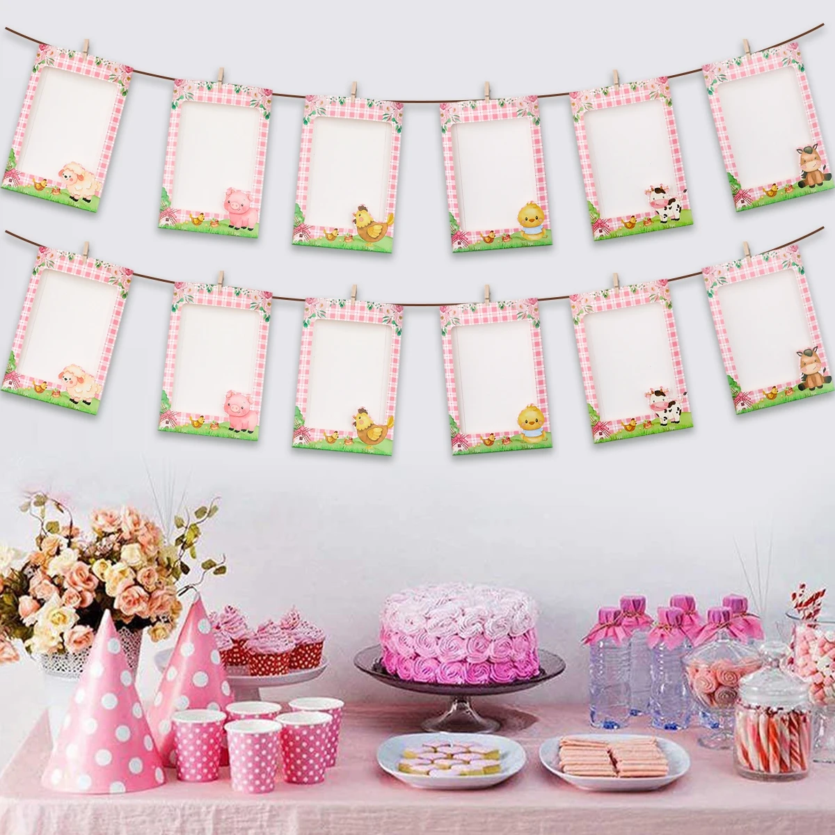 Happy Birthday Photo Frame Banner Farm Animals Photo Garland 1st Bithday Party Decoration Kids Boy Girl Baby Shower Party Decor