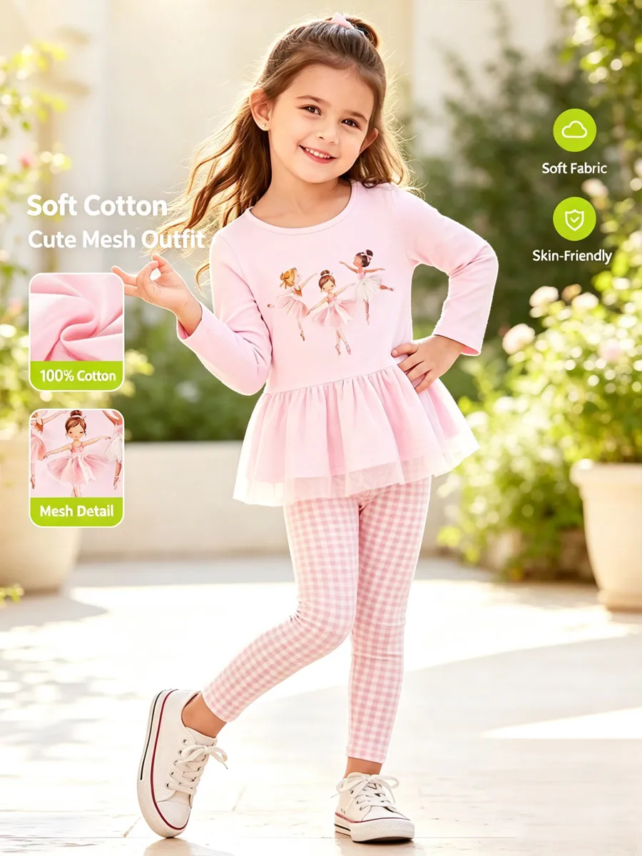 Girls 2 Piece Outfit Long Sleeve Ballet Cartoon Print Tulle Top Plaid Leggings Cotton Kids Fall Clothing Set