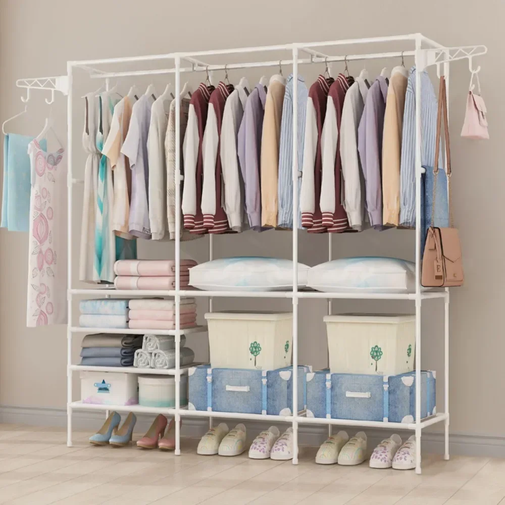 Double-Row Coat Rack Household Floor Standing Clothes and Shoes Storage Shelf  Simple Assembly Large Capacity Wardrobe Hangers