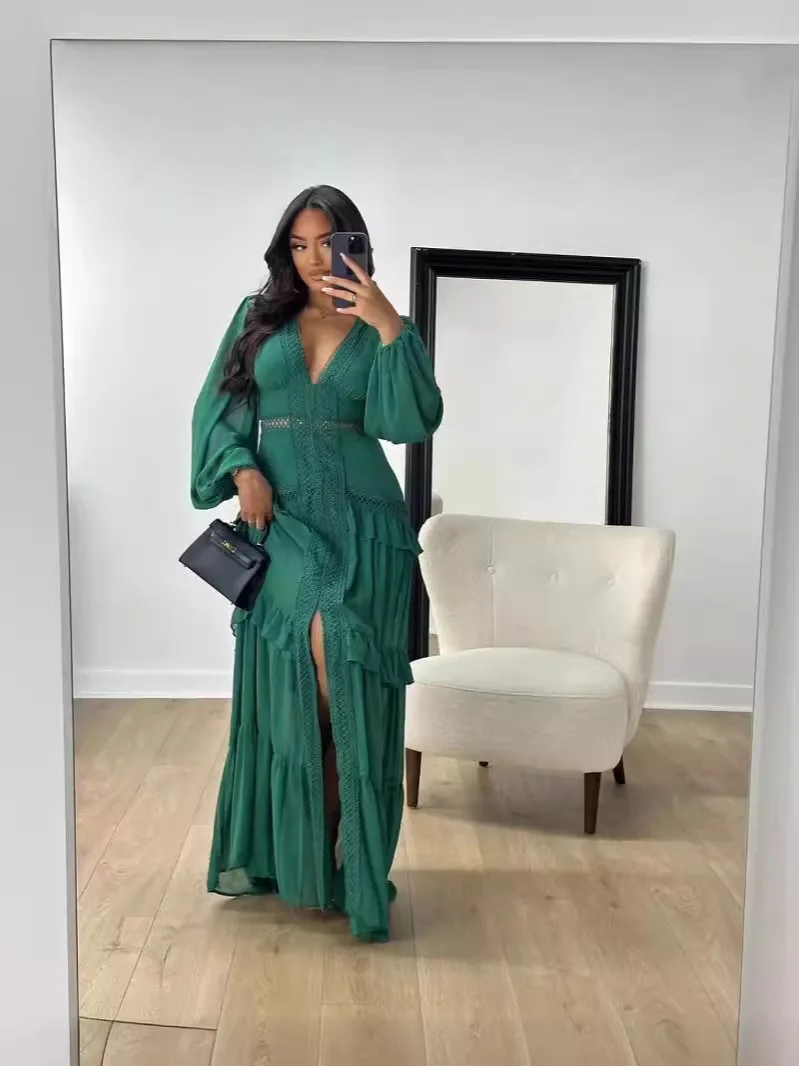 Elegante dames maxi-jurk ruches lange mouwen uitgehold avondjurken feest chic gewaad groen blauw paars nieuw in vakantie zomer