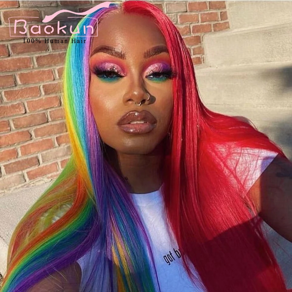 Rainbow Color 13x4 Straight Lace Front Wigs Human Hair Red Green Blue Purple Highlight Wig Transparent 13x6 HD Lace Frontal Wig