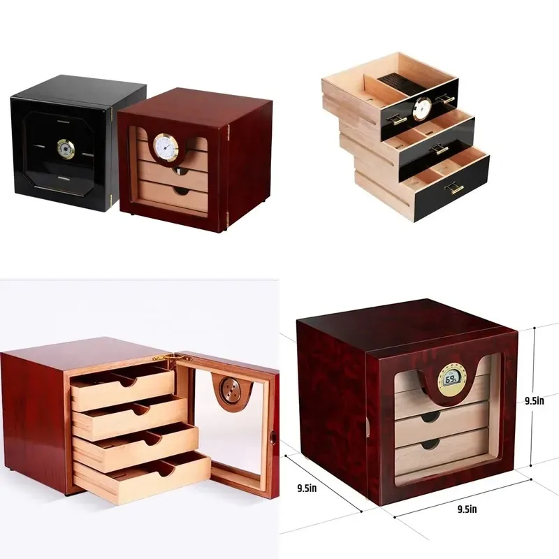 Redwood Cigar Storage Box Display Case Humidor with 4 Trays Drawers and Baffles