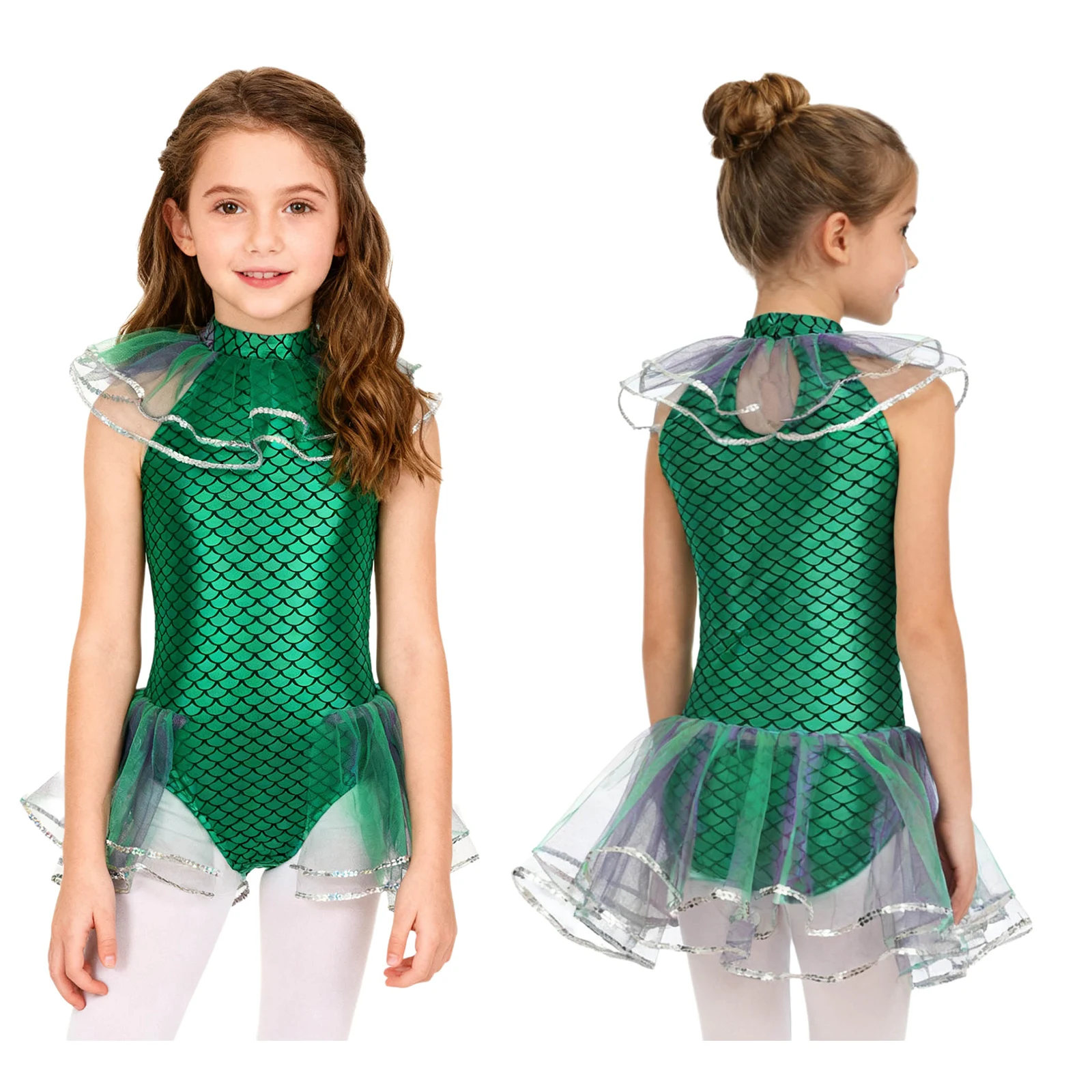 Kids Girls Halloween Carnival Mermaid Cosplay Costume Sleeveless Mermaid Princess Fish Scales Print Bodysuit with Arm Sleeves - Image 4