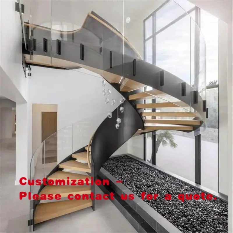 custom.Curved Glass Staircase Floating Wood Steps Custom Design Modern Architecture and Luxury Homes