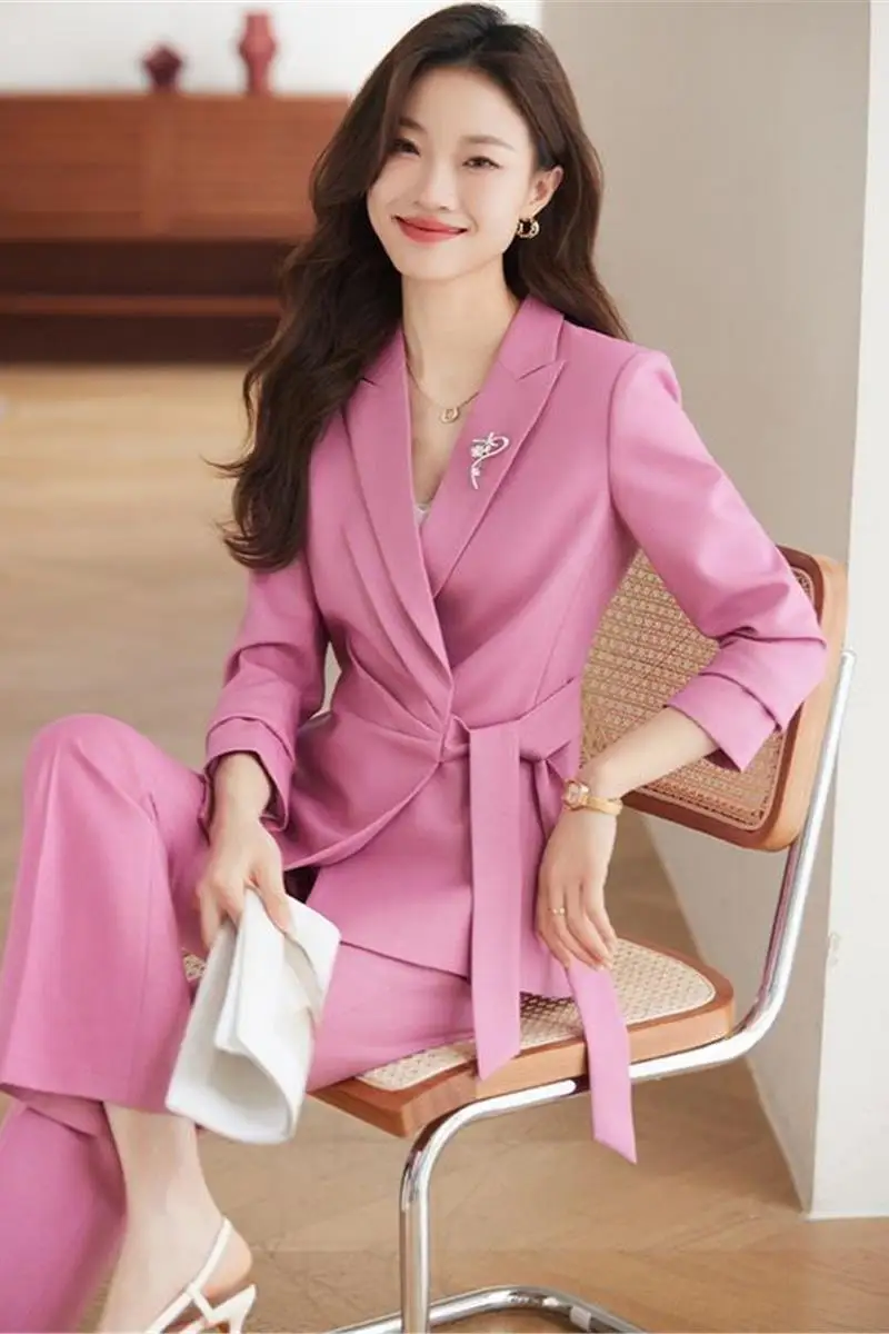 

​​Women's Suit Set Pink Tie Waist 2025 Spring Autumn Korean Style Office Formal High End Designer​​